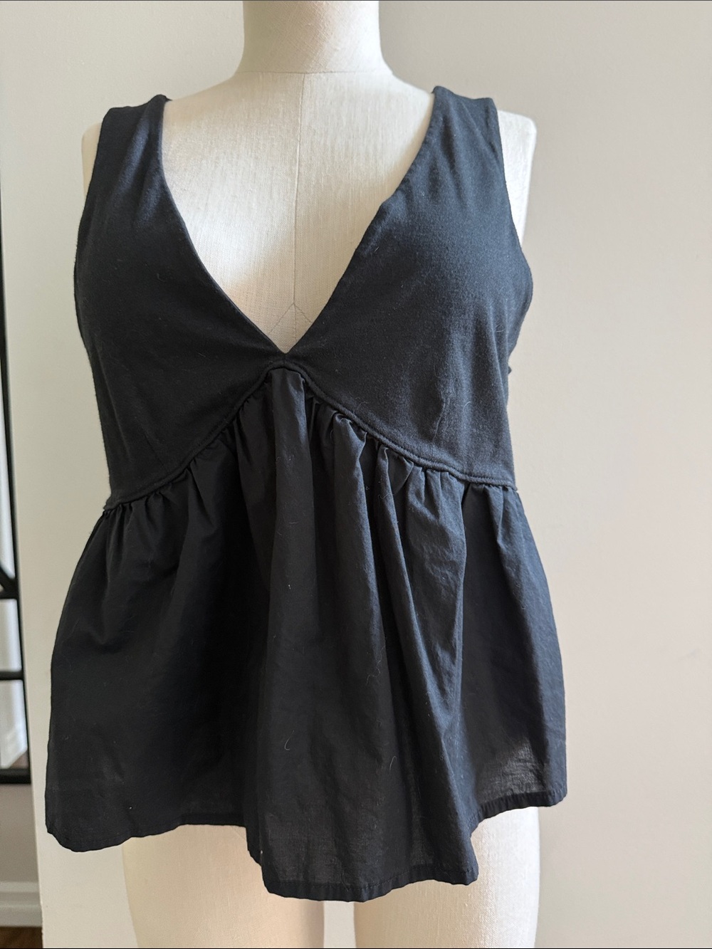 Women's Nation LTD Med Anthropologie Black V-Neck Peplum Tank Top Cotton Poplin